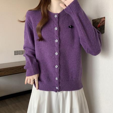 FA50203# 秋冬大码氛围感紫色毛衣开衫外套韩系穿搭小众气质上衣针织衫 服裝批發女裝批發服飾貨源