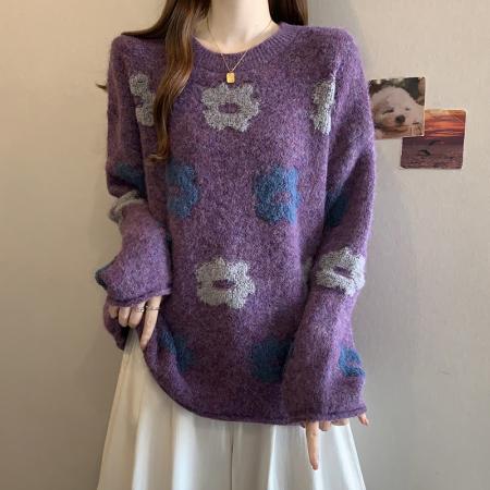 FA50204# 秋冬大码慵懒少女感别致花朵毛衣甜美百搭氛围感毛针织衫上衣 服裝批發女裝批發服飾貨源