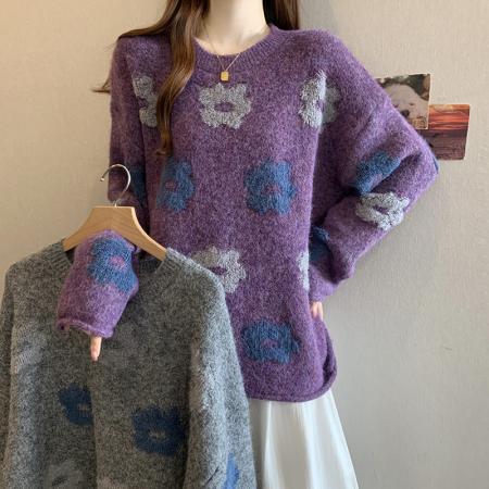 FA50204# 秋冬大码慵懒少女感别致花朵毛衣甜美百搭氛围感毛针织衫上衣 服裝批發女裝批發服飾貨源