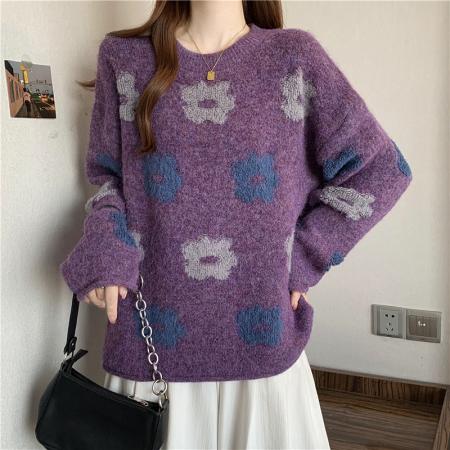 FA50204# 秋冬大码慵懒少女感别致花朵毛衣甜美百搭氛围感毛针织衫上衣 服裝批發女裝批發服飾貨源