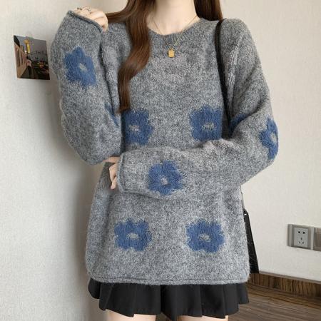 FA50204# 秋冬大码慵懒少女感别致花朵毛衣甜美百搭氛围感毛针织衫上衣 服裝批發女裝批發服飾貨源