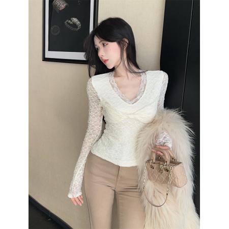FA50208# 设计感御姐轻熟薄绒扭结v领蕾丝花边打底衫长袖T恤女 服裝批發女裝批發服飾貨源