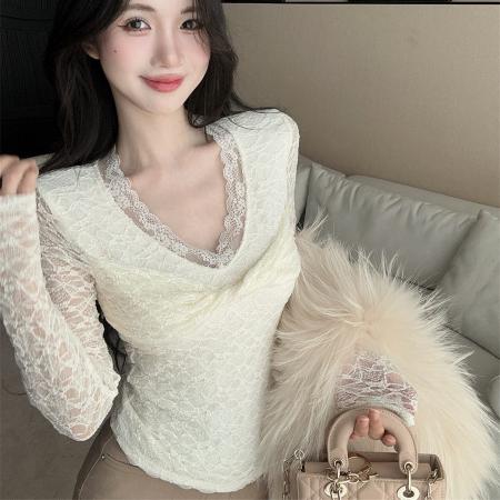 FA50208# 设计感御姐轻熟薄绒扭结v领蕾丝花边打底衫长袖T恤女 服裝批發女裝批發服飾貨源