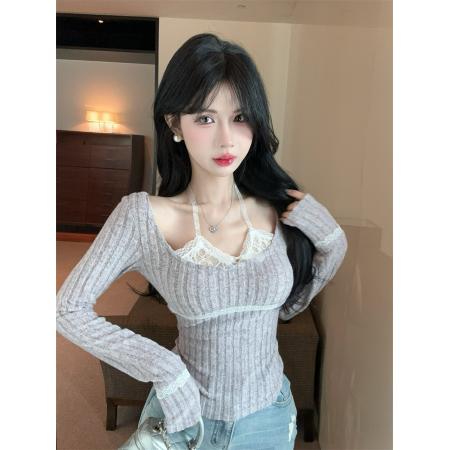 FA50209# 辣妹纯欲设计感蕾丝挂脖拼接假两件修身显瘦百搭上衣女 服裝批發女裝批發服飾貨源