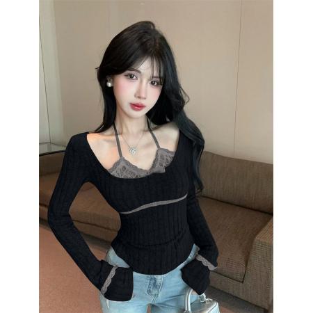 FA50209# 辣妹纯欲设计感蕾丝挂脖拼接假两件修身显瘦百搭上衣女 服裝批發女裝批發服飾貨源