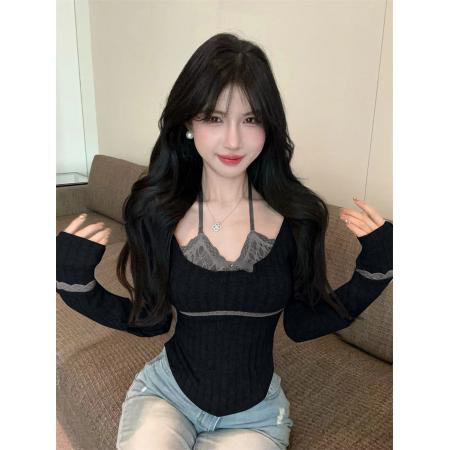 FA50209# 辣妹纯欲设计感蕾丝挂脖拼接假两件修身显瘦百搭上衣女 服裝批發女裝批發服飾貨源