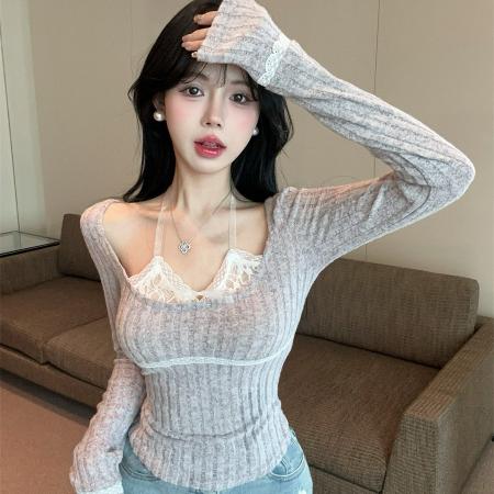 FA50209# 辣妹纯欲设计感蕾丝挂脖拼接假两件修身显瘦百搭上衣女 服裝批發女裝批發服飾貨源