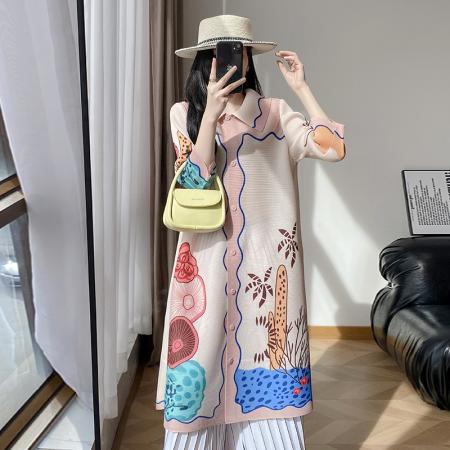 FA50213# 高端褶皱连衣裙春秋新款气质大码印花宽松衬衫a字开衫裙 服裝批發女裝批發服飾貨源