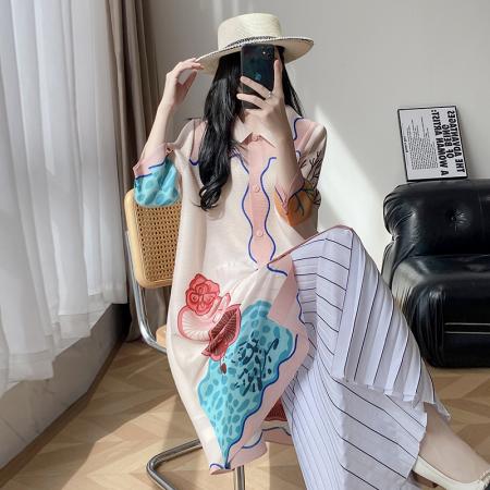 FA50213# 高端褶皱连衣裙春秋新款气质大码印花宽松衬衫a字开衫裙 服裝批發女裝批發服飾貨源