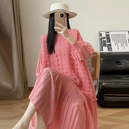 FA50215# 欧美时尚重工钉珠灯笼袖宽松压褶连衣裙女秋季休闲高级感长裙 服裝批發女裝批發服飾貨源