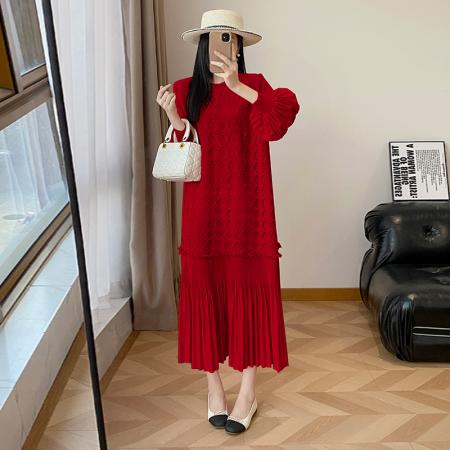 FA50215# 欧美时尚重工钉珠灯笼袖宽松压褶连衣裙女秋季休闲高级感长裙 服裝批發女裝批發服飾貨源