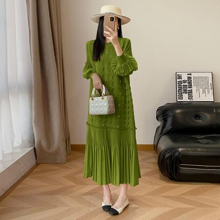 FA50215# 欧美时尚重工钉珠灯笼袖宽松压褶连衣裙女秋季休闲高级感长裙 服裝批發女裝批發服飾貨源