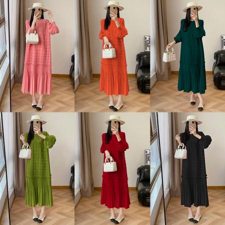 FA50215# 欧美时尚重工钉珠灯笼袖宽松压褶连衣裙女秋季休闲高级感长裙 服裝批發女裝批發服飾貨源