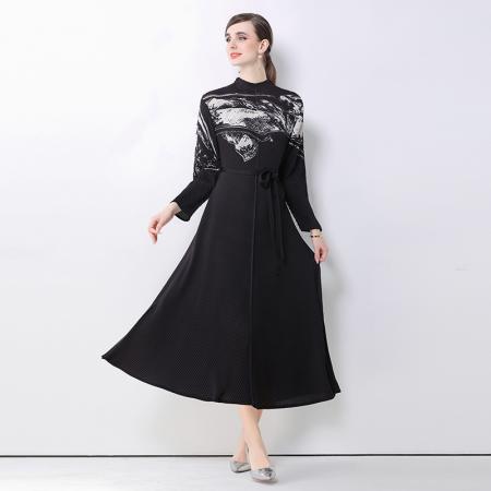 FA50216# 趣韵江南春秋洋气新款褶皱优雅重工龙鳞褶黑色连衣裙 服裝批發女裝批發服飾貨源