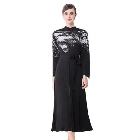 FA50216# 趣韵江南春秋洋气新款褶皱优雅重工龙鳞褶黑色连衣裙 服裝批發女裝批發服飾貨源