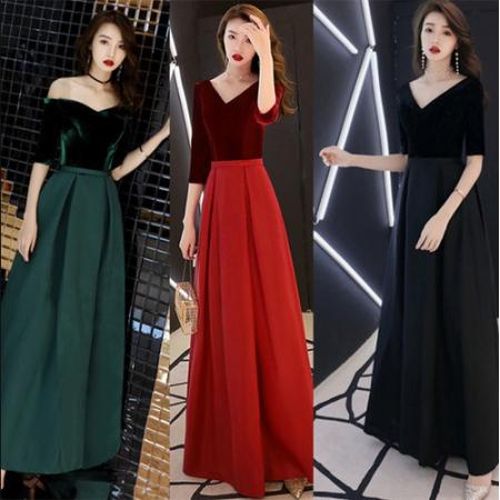 FA50217# 宴会晚礼服时尚中袖大码演出服韩版修身显瘦V领礼服裙 服裝批發女裝批發服飾貨源
