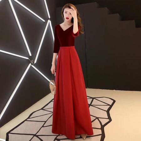 FA50217# 宴会晚礼服时尚中袖大码演出服韩版修身显瘦V领礼服裙 服裝批發女裝批發服飾貨源