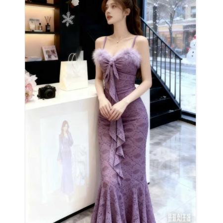 FA50219# 法式名媛复古蕾丝拼接连衣裙夏季修身显瘦鱼尾裙吊带 服裝批發女裝批發服飾貨源