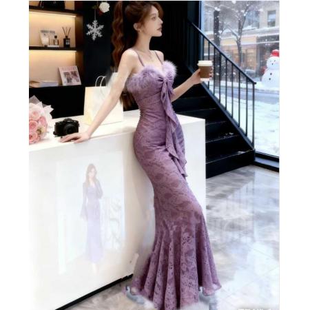 FA50219# 法式名媛复古蕾丝拼接连衣裙夏季修身显瘦鱼尾裙吊带 服裝批發女裝批發服飾貨源