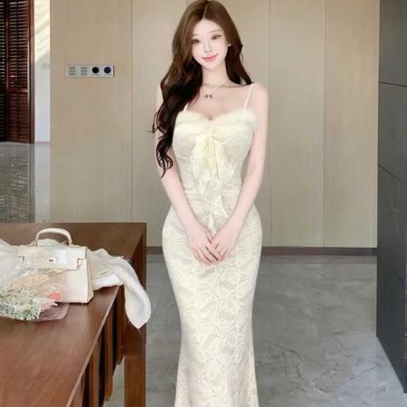 FA50219# 法式名媛复古蕾丝拼接连衣裙夏季修身显瘦鱼尾裙吊带 服裝批發女裝批發服飾貨源