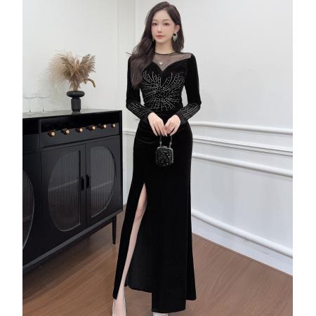 FA50222# 黑色法式高级感礼服吊带丝绒开叉连衣裙 服裝批發女裝批發服飾貨源