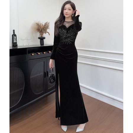 FA50222# 黑色法式高级感礼服吊带丝绒开叉连衣裙 服裝批發女裝批發服飾貨源