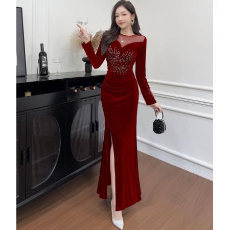 FA50222# 黑色法式高级感礼服吊带丝绒开叉连衣裙 服裝批發女裝批發服飾貨源