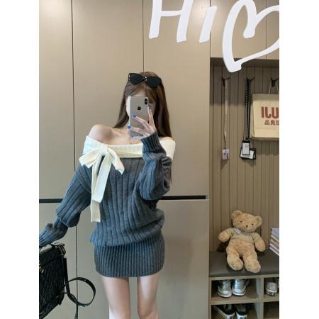 FA50223# 灰色一字肩长...