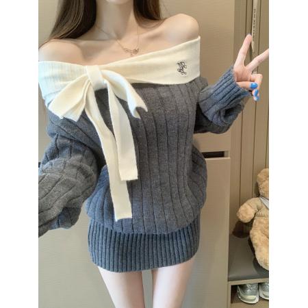 FA50223# 灰色一字肩长袖针织连衣裙女秋冬小个子收腰修身包臀短裙 服裝批發女裝批發服飾貨源