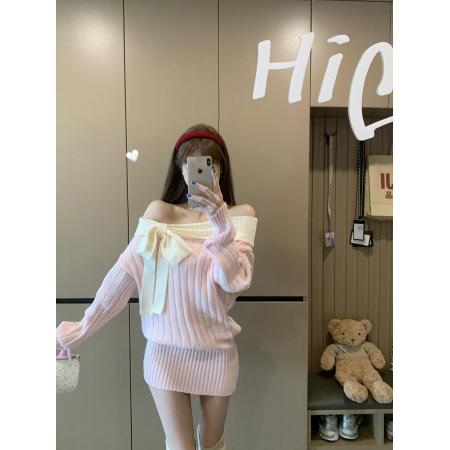 FA50223# 灰色一字肩长袖针织连衣裙女秋冬小个子收腰修身包臀短裙 服裝批發女裝批發服飾貨源