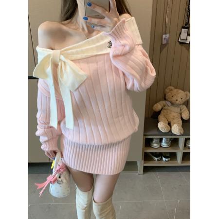 FA50223# 灰色一字肩长袖针织连衣裙女秋冬小个子收腰修身包臀短裙 服裝批發女裝批發服飾貨源