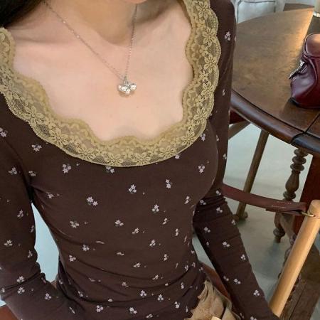 FA50225# 美式辣妹碎花创意蕾丝拼接长袖t恤显瘦修身德绒保暖打底衫上衣女 服裝批發女裝批發服飾貨源