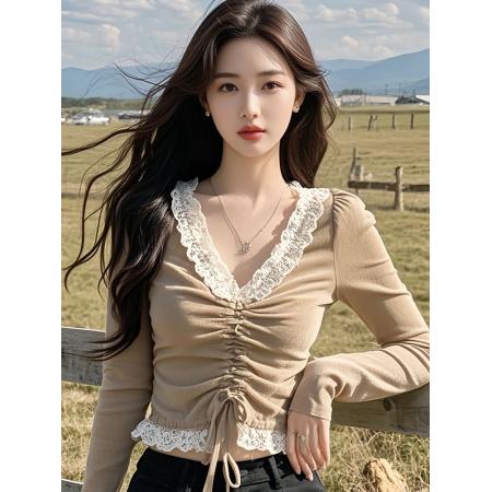 FA50226# 蕾丝拼接v领打底衫女新款秋冬内搭长袖短款洋气独特别致上衣 服裝批發女裝批發服飾貨源
