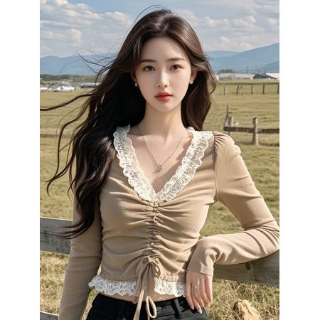 FA50226# 蕾丝拼接v领打底衫女新款秋冬内搭长袖短款洋气独特别致上衣 服裝批發女裝批發服飾貨源