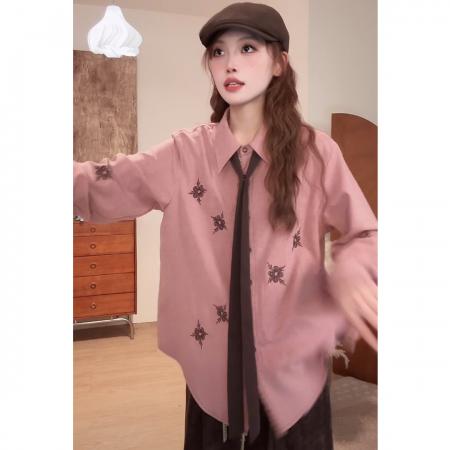 FA50231# 柔光纪秋冬款刺绣洋气百搭小众长袖衬衫女 服裝批發女裝批發服飾貨源