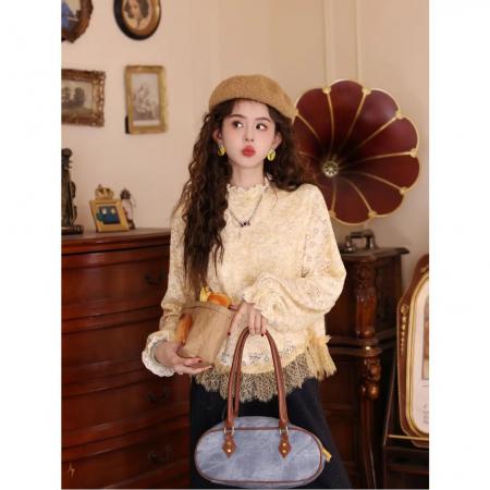 FA50234# 柳浪闻莺秋冬港风复古拼接针织百搭T恤打底上衣 服裝批發女裝批發服飾貨源