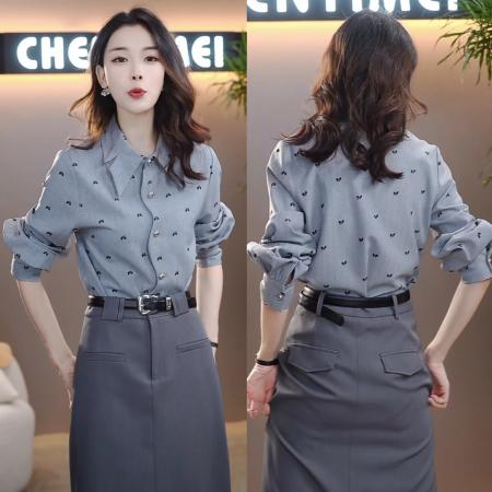 FA50239# 气质小清新蝴蝶结印花衬衫秋季通勤百搭上衣+显瘦半身裙 服裝批發女裝批發服飾貨源
