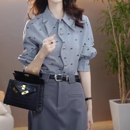 FA50239# 气质小清新蝴蝶结印花衬衫秋季通勤百搭上衣+显瘦半身裙 服裝批發女裝批發服飾貨源