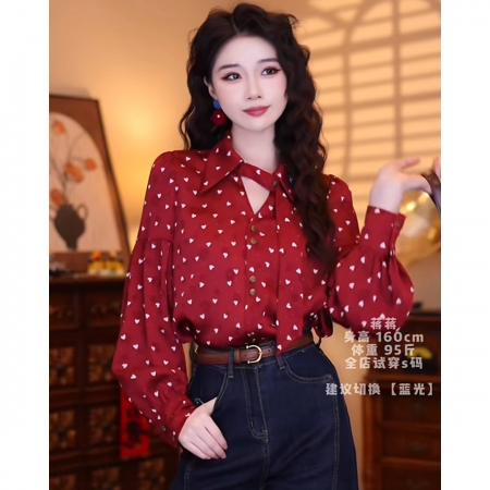 FA50240# 红色日记港味复古时尚气质设计感长袖上衣通勤百搭衬衫 服裝批發女裝批發服飾貨源
