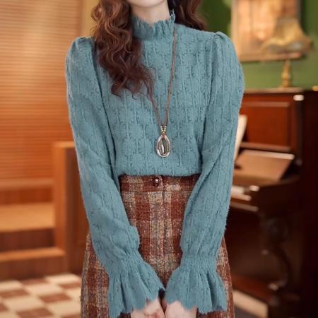 FA50241# 蕾丝琦梦秋冬气质纯色设计感加绒加厚打底衬衫 服裝批發女裝批發服飾貨源