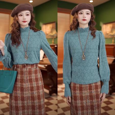 FA50241# 蕾丝琦梦秋冬气质纯色设计感加绒加厚打底衬衫 服裝批發女裝批發服飾貨源