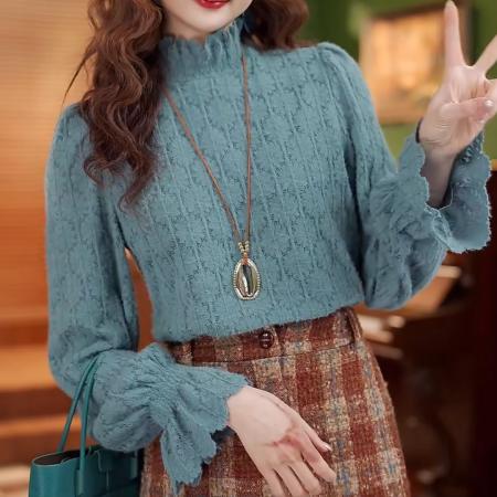 FA50241# 蕾丝琦梦秋冬气质纯色设计感加绒加厚打底衬衫 服裝批發女裝批發服飾貨源