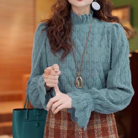 FA50241# 蕾丝琦梦秋冬气质纯色设计感加绒加厚打底衬衫 服裝批發女裝批發服飾貨源