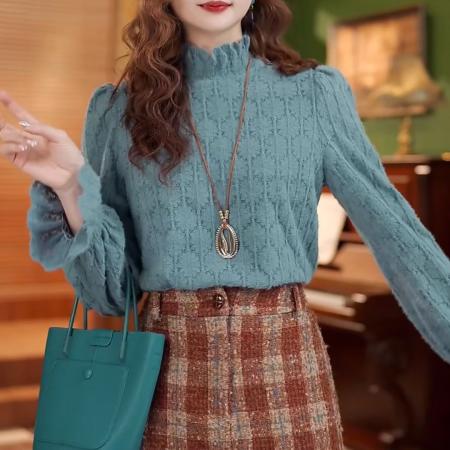 FA50241# 蕾丝琦梦秋冬气质纯色设计感加绒加厚打底衬衫 服裝批發女裝批發服飾貨源