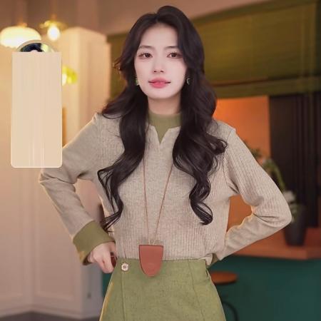 FA50242# 春水碧波秋冬港风复古长袖百搭打底衫拼色高弹上衣 服裝批發女裝批發服飾貨源