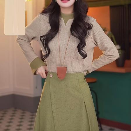 FA50242# 春水碧波秋冬港风复古长袖百搭打底衫拼色高弹上衣 服裝批發女裝批發服飾貨源