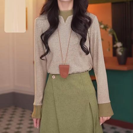 FA50242# 春水碧波秋冬港风复古长袖百搭打底衫拼色高弹上衣 服裝批發女裝批發服飾貨源