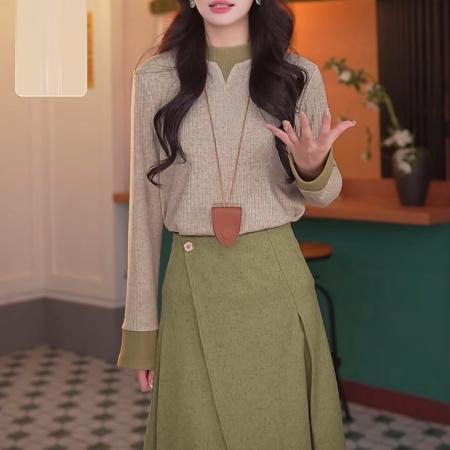 FA50242# 春水碧波秋冬港风复古长袖百搭打底衫拼色高弹上衣 服裝批發女裝批發服飾貨源