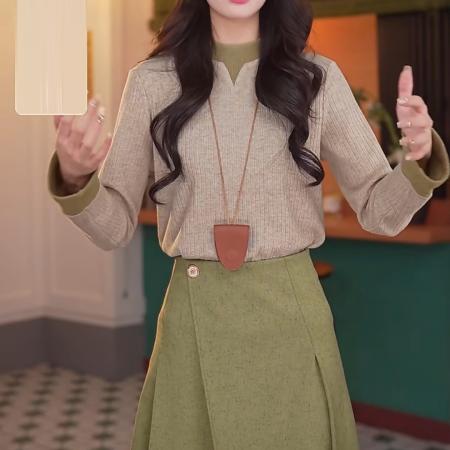 FA50242# 春水碧波秋冬港风复古长袖百搭打底衫拼色高弹上衣 服裝批發女裝批發服飾貨源