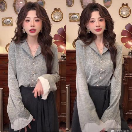 FA50243# 秋冬加绒加厚港风复古纯色长袖上衣开衫 服裝批發女裝批發服飾貨源